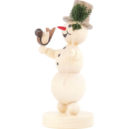 Schneemann mit Besen und Vogel - 12 cm