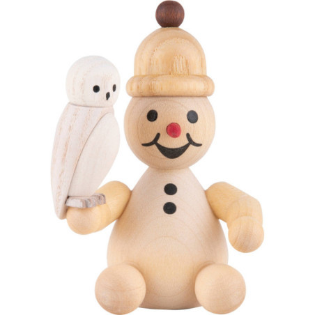 Snowman Junior with Snowy Owl sitting - 7 cm / 2.8 inch