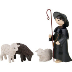 Hirte mit 3 Schafen farbig - 7 cm