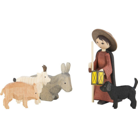 Shepherd with Animals, Set of Five, Stained - 7 cm / 2.8 inch