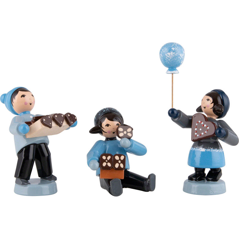 Winter Children with Gingerbread - 3 pcs. - blue - 7 cm / 2.8 inch