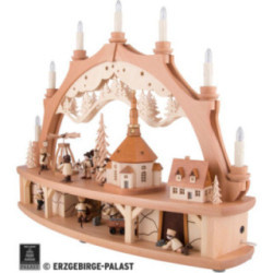 Schwibbogen Seiffener Dorf mit drehender Pyramide und beweglichen Figuren - 68x50 cm
