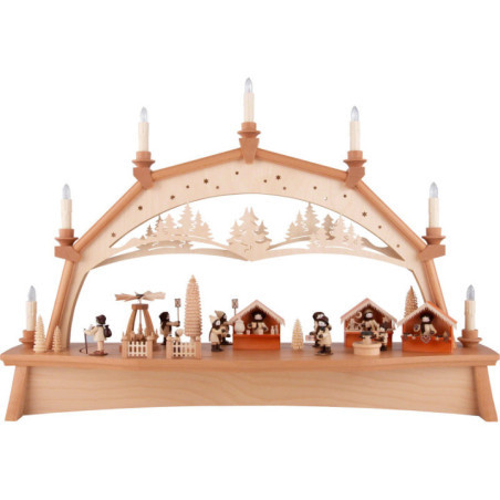 Schwibbogen Weihnachtsmarkt mit drehender Pyramide und beweglichen Figuren - 76x52 cm