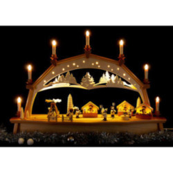 Schwibbogen Weihnachtsmarkt mit drehender Pyramide und beweglichen Figuren - 76x52 cm