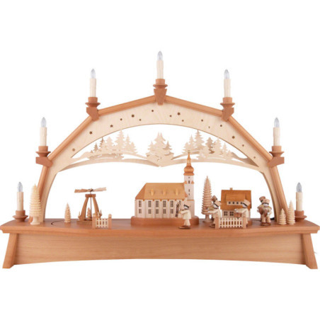 Schwibbogen Bergmannsaufzug mit drehender Pyramide und beweglichen Figuren - 76x52 cm