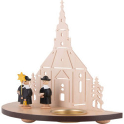 Teelichtleuchter Seiffener Kirche mit Kurrende schwarz - 16 cm