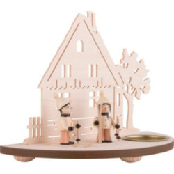 Teelichtleuchter Waldhütte mit Skifahrer - 16 cm