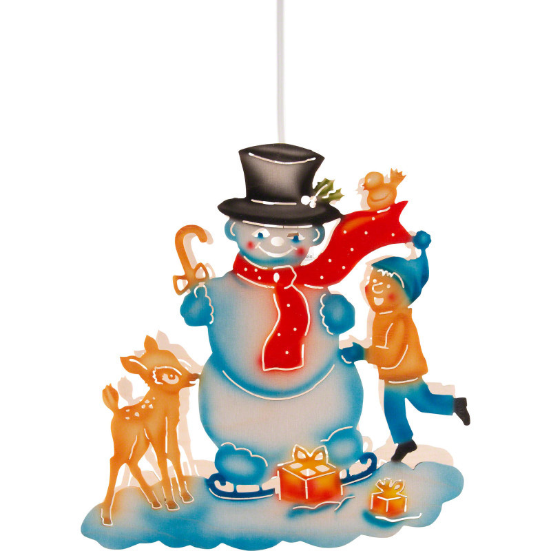 Window Picture - Snowman with Kid and Fawn - 22 cm / 8.7 inch