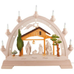Schwibbogen Christgeburt mit gebeizten Figuren, farbig - 48x42 cm