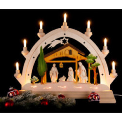 Schwibbogen Christgeburt mit gebeizten Figuren, farbig - 48x42 cm
