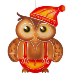Fensterbild Eule mit Mütze, rot - 28 cm