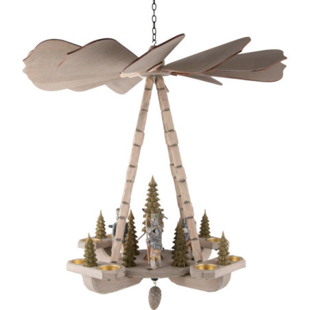 1-stöckige Deckenpyramide Bergmännner, Kette und Zapfen geschnitzt - grau - 53 cm