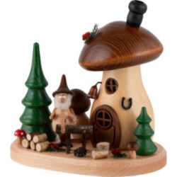 Smoker - Mushroom Hut with Sawhorse and Gnome - 15 cm / 5.9 inch