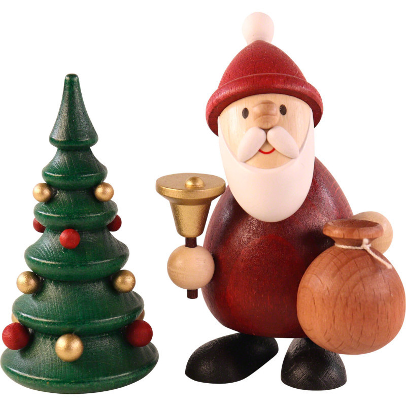 Weihnachtsmann stehend mit Glocke, Sack und Weihnachtsbaum - 9,5 cm
