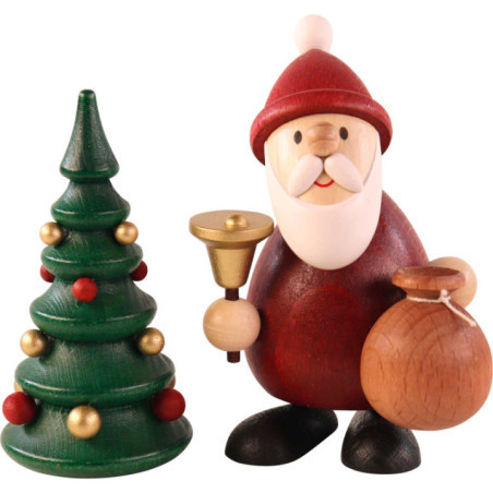 Weihnachtsmann stehend mit Glocke, Sack und Weihnachtsbaum - 9,5 cm
