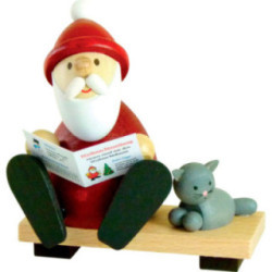 Santa on Bench with Newspaper and Cat - 9 cm / 3.5 inch
