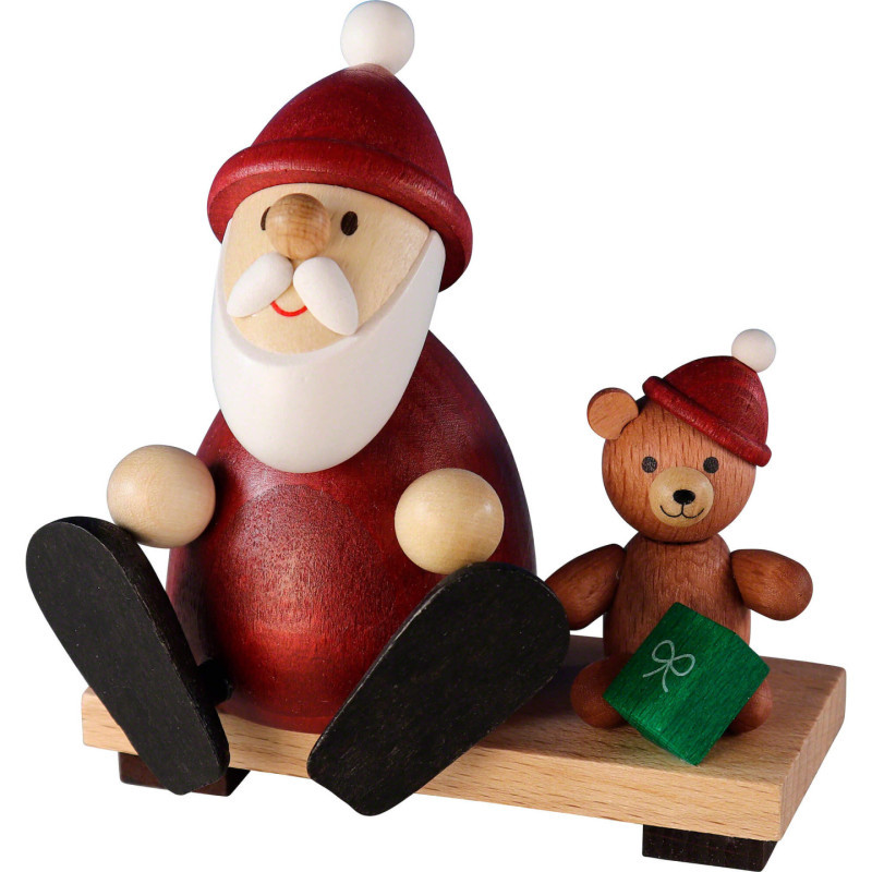 Weihnachtsmann mit Teddy auf Bank  - 8,5 cm
