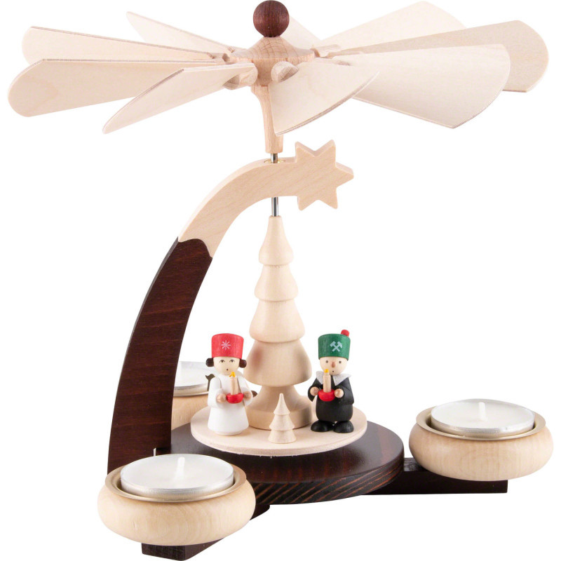 1-stöckige Pyramide naturfarben mit Engel, Bergmann und Nussknacker - 19 cm