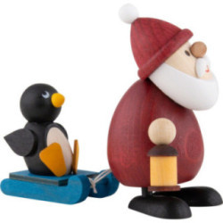 Weihnachtsmann mit Schlitten und Pinguin - 9,5 cm