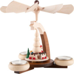 1-stöckige Pyramide naturfarben Weihnachtsmann mit Schlitten und Eisenbahn - 19 cm