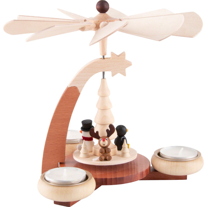 1-stöckige Pyramide naturfarben Pinguin, Schneemann und Elch - 19 cm