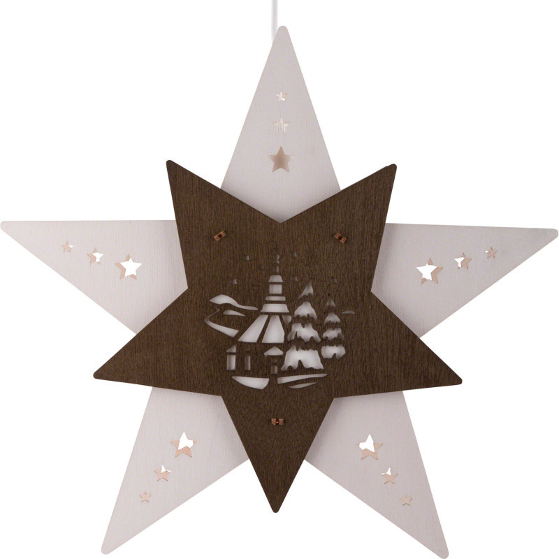 Window Picture Star "Church of Seiffen" White/Brown - 30,5x29x6 cm / 12x11.4x2.4 inch