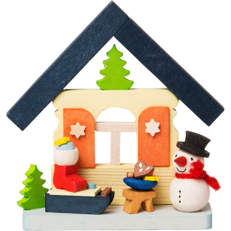 Christbaumschmuck Haus Schneemann mit Nikolausschlitten - 7,4 cm