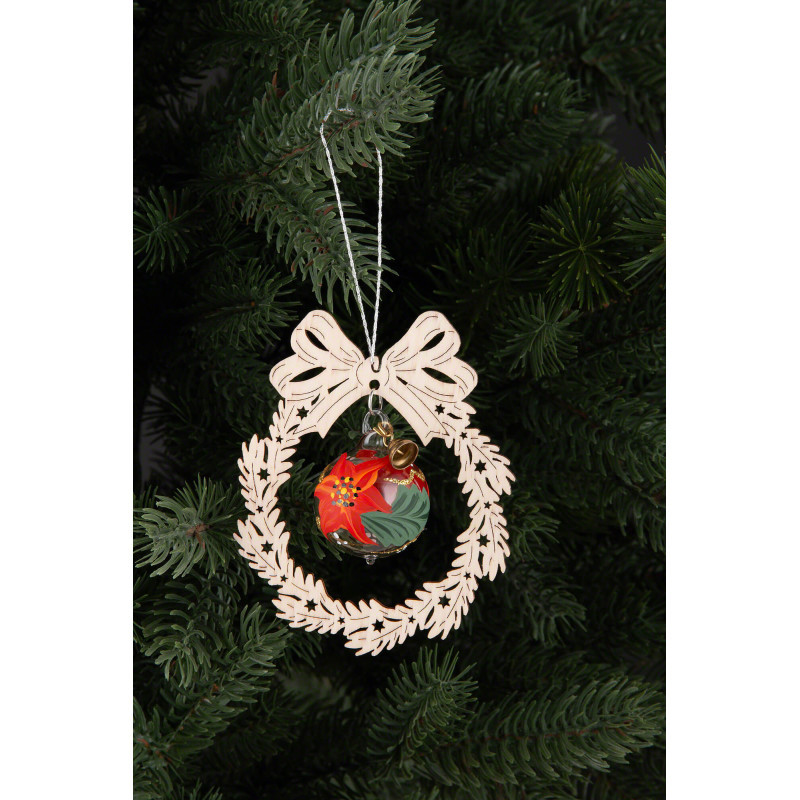 Tree Ornament - Glass Bauble in Wreath - Christmas Flower - 3 pcs. - 9 cm / 3.5 inch