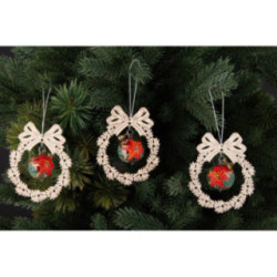 Tree Ornament - Glass Bauble in Wreath - Christmas Flower - 3 pcs. - 9 cm / 3.5 inch