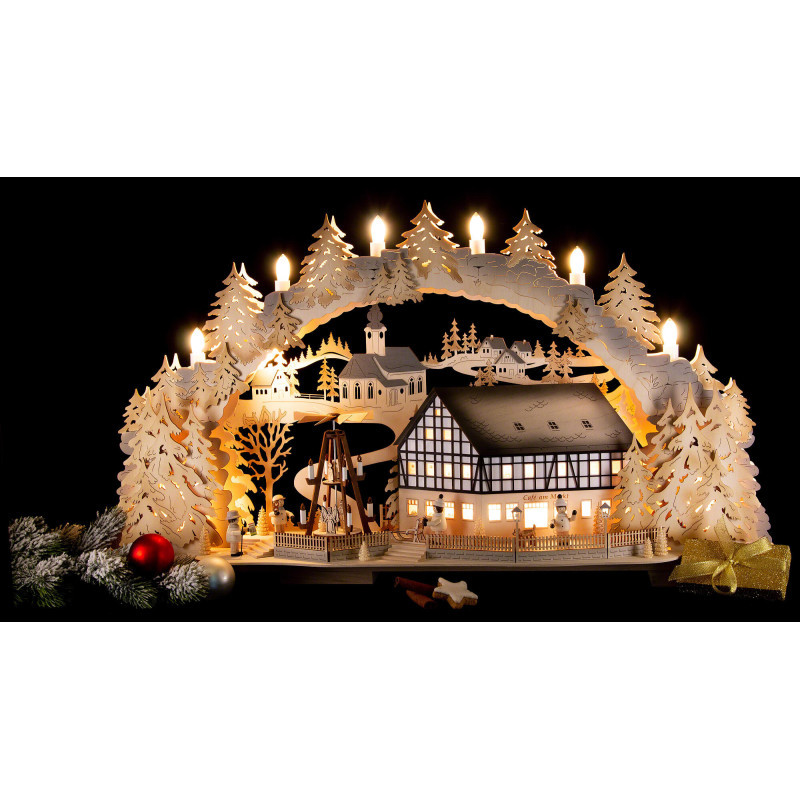 Schwibbogen Café am Markt mit drehender Pyramide - 72x43x13 cm