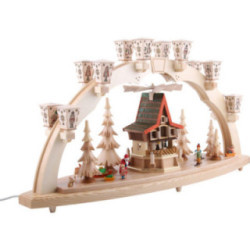 Schwibbogen Weihnachtswald mit Adventshaus, elektrisch - 80x41 cm