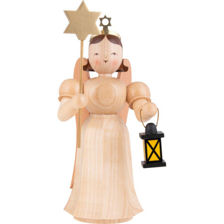 Long Pleated Skirt Angel with Lantern and Star, Natural - 22 cm / 8.7 inch