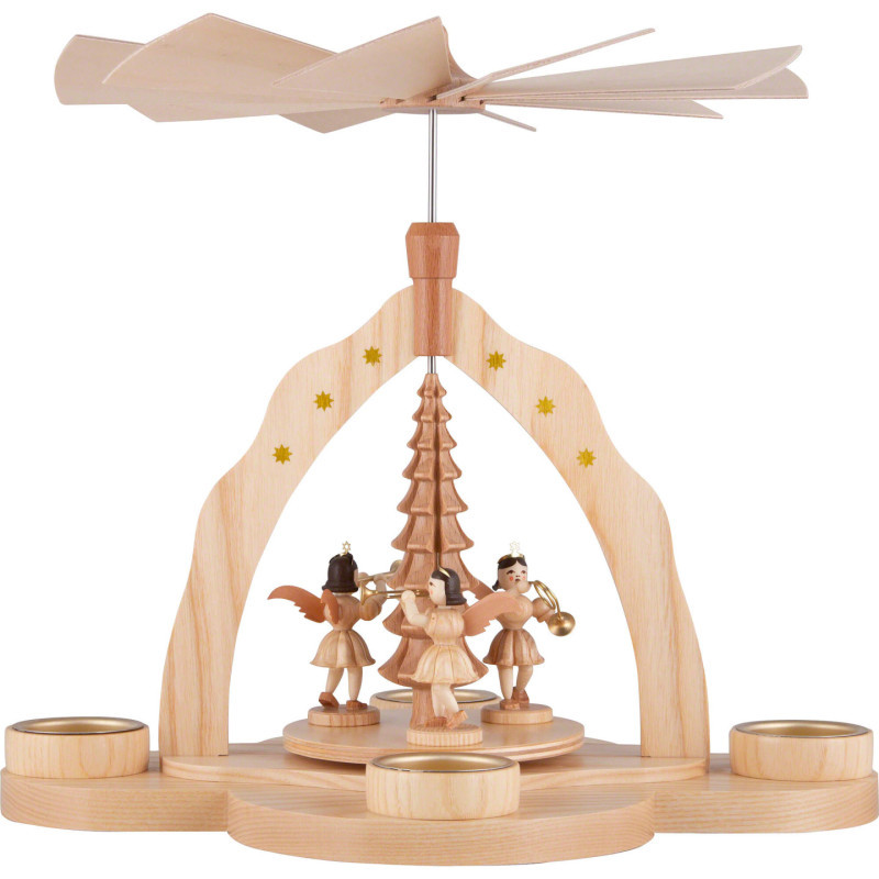 1-Tier Pyramid - Three Angels, Natural with Tea Candle Holder - 28x27x30 cm / 11x10.6x11.8 inch