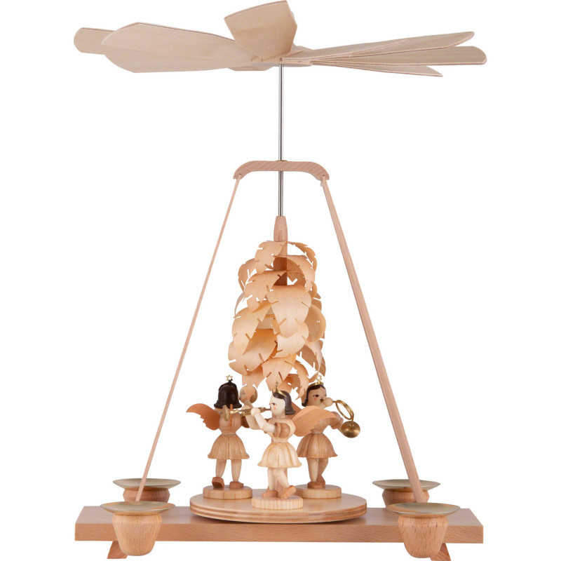 1-Tier Pyramid - Wood Chip Tree and Three Angels - 22x16x27 cm / 8.7x6.3x10.6 inch