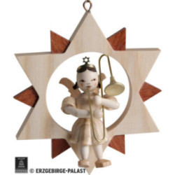 Angel with Slide Trombone in Star, Natural - 9 cm / 3.5 inch