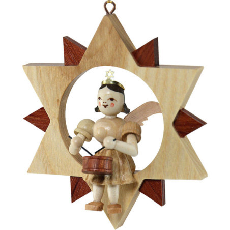 Angel Sitting in a Star with Drum, Natural - 9 cm / 3.5 inch