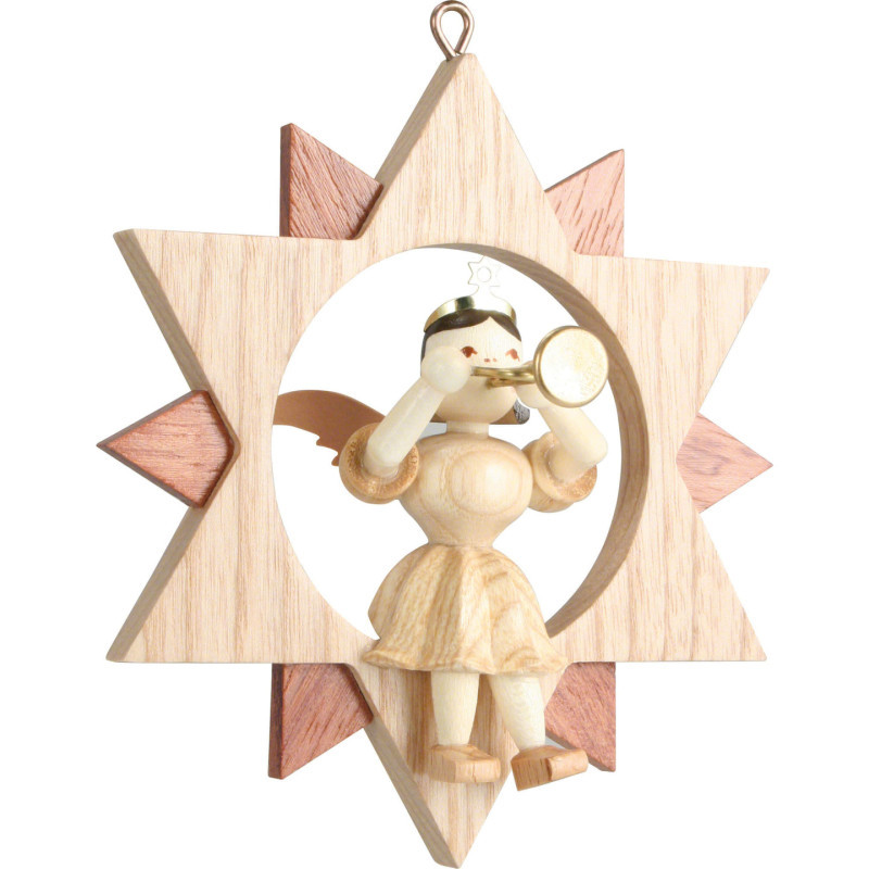 Angel Sitting in a Star with Trumpet, Natural - 9 cm / 3.5 inch