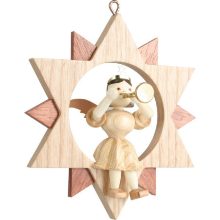 Angel Sitting in a Star with Trumpet, Natural - 9 cm / 3.5 inch