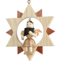 Angel Sitting in a Star with Pan Pipe, Natural - 9 cm / 3.5 inch