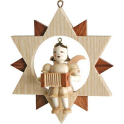 Angel Sitting in a Star with Harmonica, Natural - 9 cm / 3.5 inch