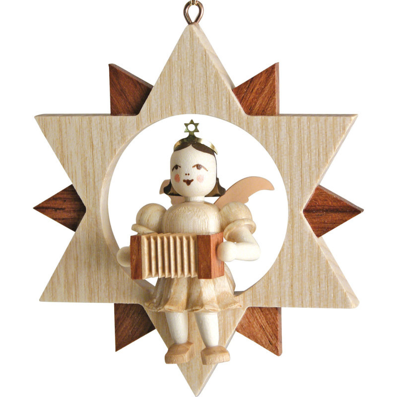 Angel Sitting in a Star with Harmonica, Natural - 9 cm / 3.5 inch